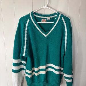 Vintage Teal and White V-Neck Sweater